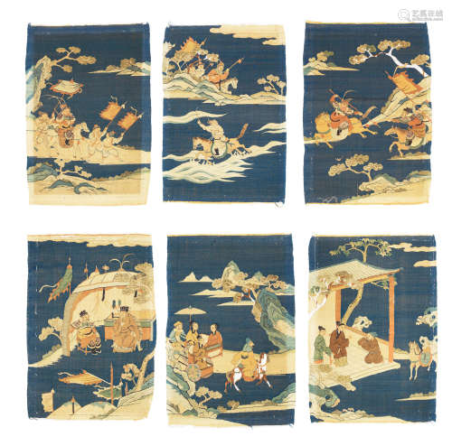 19th century A set of six blue-ground silk kesi panels