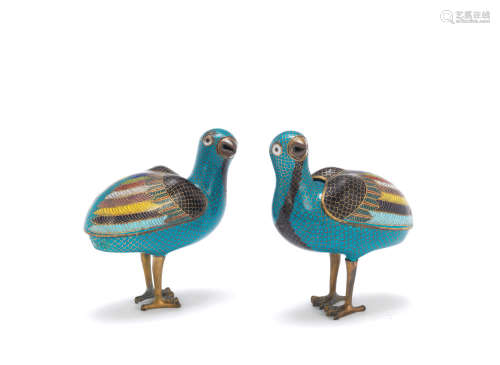 18th/19th century  A pair of cloisonné enamel 'quail' incense burners and covers