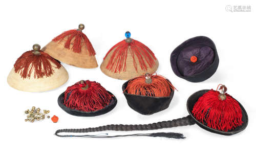 Qing Dynasty A group of three bamboo summer hats, four offical's 'court' hats and a selection of accessories