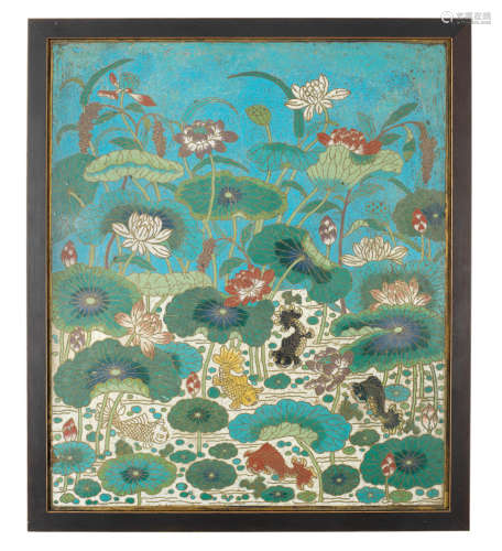 Mid-Qing Dynasty  A cloisonné-enamel 'fish and lotus' rectangular panel