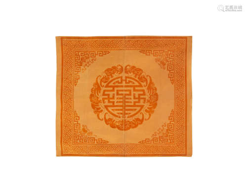 Late 19th century A deep ochre-yellow cut-velvet 'Shou' cushion cover