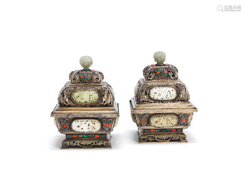 Late Qing Dynasty or later A pair of jade, coral and hardstone-inset white metal incense burners and covers