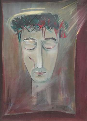 Walter STAUFFER (1931). Portrait du Christ à la couronne d'épine. Huile sur toile. [...]