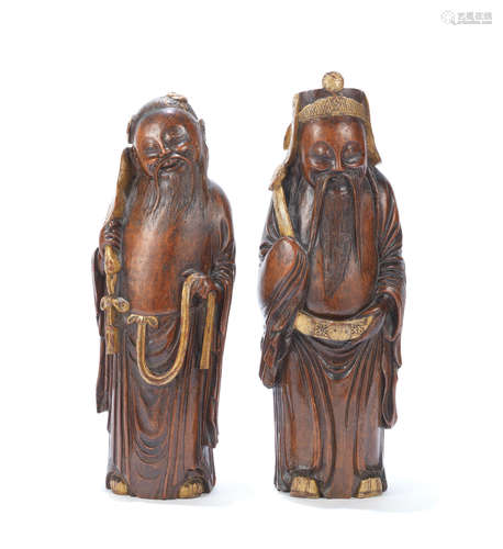 19th century A pair of carved and gilt bamboo figures