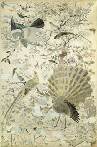 19th century A silk embroidered 'hundred birds' panel