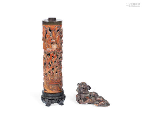 18th century A bamboo parfumier and a bamboo 'Buddhist lion and cub' carving