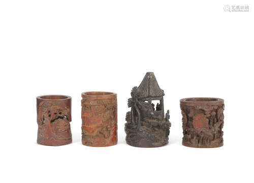 Late Qing Dynasty Three Bamboo Brushpots and a bamboo carved group