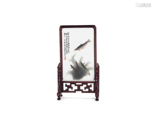 A small porcelain 'fish' plaque in the manner of Deng Bishan