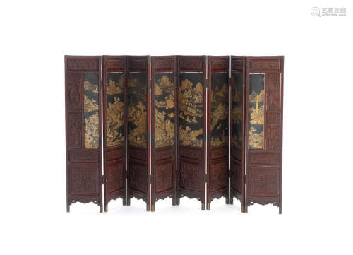 Qing Dynasty, dated by inscription to Dingchou year (AD1817 or AD1877) A small carved hongmu lacquer-inset eight-panel screen