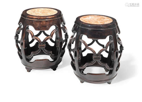 19th century Two marble-inset hongmu stools