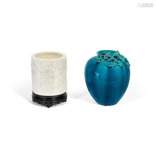 19th century A turquoise glazed vase and a white glazed moulded brushpot