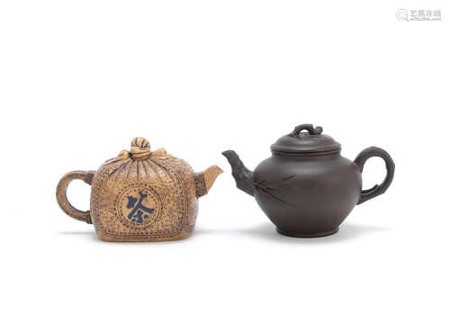 Late Qing Dynasty or later An Yixing duanni 'folded cloth' teapot and cover and an Yixing dark brown clay 'bamboo' teapot and cover