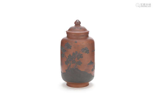 Qing Dynasty A slip decorated cylindrical Yixing vase and cover