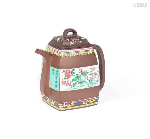 Danranzhai studio mark, Qing Dynasty A famille rose-enamelled 'Han Fang' Yixing teapot and cover