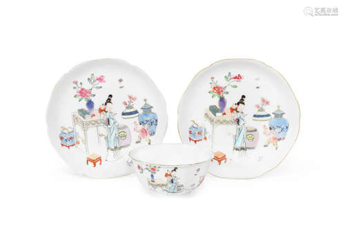 18th century A pair of famille rose semi-eggshell saucers and a cup