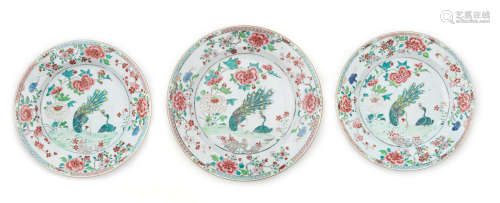 Qianlong A set of three famille rose 'twin peacock' dishes