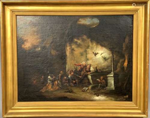 Ecole française du XVIIIe siècle. La grotte de l'alchimiste. Huile sur toile. 45 x [...]