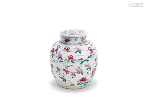 18th century A famille rose 'boys' jar and cover