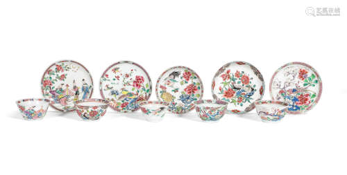 Qianlong Five famille rose tea bowls and saucers