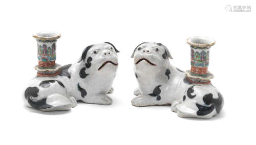 19th century A pair of Chinese Export porcelain 'pug dog' candle holders