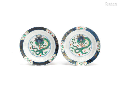 Kangxi A pair of famille verte 'dragon' dishes