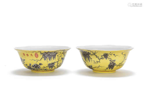 Yong qing chang chun, Tian di yi jia chun and Dayazhai marks, Guangxu An unusual pair of 'Dayazhai' grisaille-enamelled yellow-ground octagonal bowls