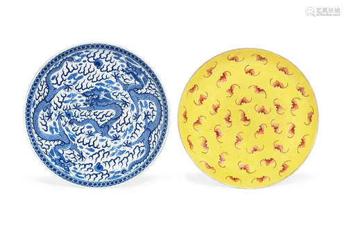 Guangxu six-character marks and of the period A blue and white dish and an enamelled dish