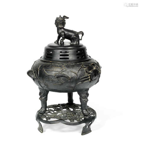 Dated by inscription 12th year of Guangxu (1887) A large bronze incense burner, cover and stand