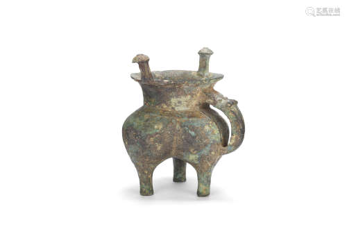 Late Shang/early Western Zhou Dynasty  An archaic bronze ritual tripod vessel, jia
