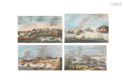 Two views of the Hongs at Canton, Whampoa Anchorage and Macau Chinese Export School, 19th century