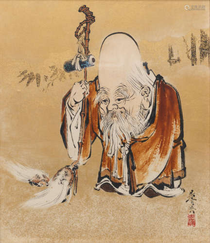 Meiji era (1868–1912), circa 1870–1890 Shibata Zeshin 柴田是真 (1807–1891) URUSHI-E (LACQUER PAINTING) OF FUKUROKUJU, GOD OF GOOD FORTUNE AND LONGEVITY 福禄寿図額装漆絵