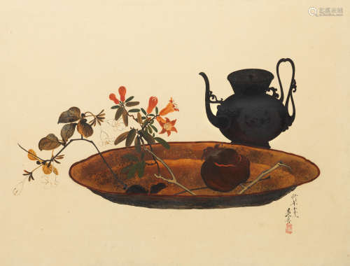 Meiji era (1868–1912), dated 1878 SHIBATA ZESHIN 柴田是真 (1807–1891) URUSHI-E (LACQUER PAINTING) OF A POMEGRANATE BRANCH, FRUIT ON A TRAY, AND A WATER PITCHER 柘榴水瓶図額装漆絵