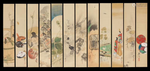 Meiji era (1868–1912), circa 1870–1890 SHIBATA ZESHIN 柴田是真 (1807–1891) SET OF TANZAKU (POEM-CARDS) WITH DESIGNS FOR THE TWELVE MONTHS 月次絵短冊