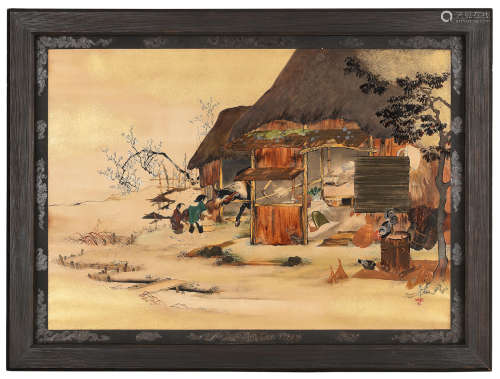 Meiji era (1868–1912), dated 1888 SHIBATA ZESHIN 柴田是真 (1807–1891) URUSHI-E (LACQUER PAINTING) OF A FARMER'S HOUSE 農家図漆絵額