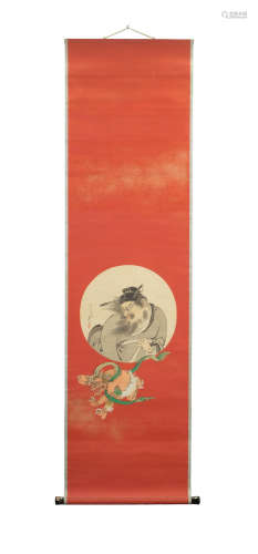 Meiji era (1868–1912), circa 1883, and Showa era (1926–1989), 1929 SHIBATA ZESHIN 柴田是真 (1807–1891) KAKEJIKU (HANGING SCROLL) DEPICTING SHOKI AND ONI, WITH FITTED WOOD TOMOBAKO PAINTED BY SHŌJI CHIKUSHIN 庄司竹真 (1854–1936) AND JIKUSAKI (ROLLER ENDS) LACQUERED BY SHŌJI HŌSHIN 庄司芳真 (1898–1993)  朱円窓鍾馗図掛軸