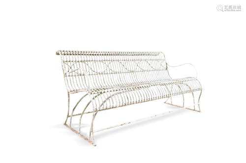 A 19TH CENTURY WIRE WORK GARDEN BENCH, the rounded…
