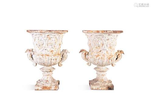A PAIR OF 19TH CENTURY CAST IRON URNS, of campagna…