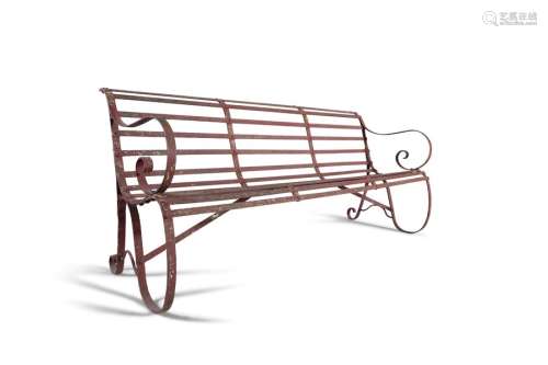 A WROUGHT IRON GAREN BENCH, with scroll side suppo…