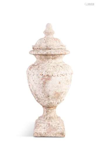 A 19TH CENTURY PAINTED TERRACOTTA CAST URN WITH LI…