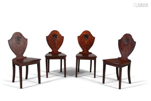 A SET OF FOUR GEORGE IV MAHOGANY HALL CHAIRS, c.18…