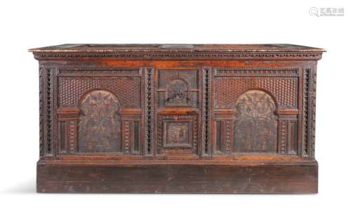 A SPANISH 16TH CENTURY CARVED WALNUT COFFER, with …
