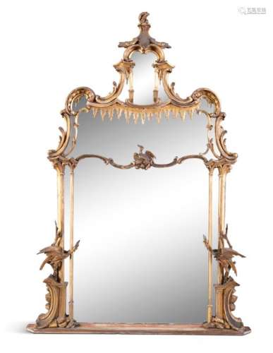 A 19TH CENTURY CARVED GILTWOOD OVERMANTLE MIRROR, …