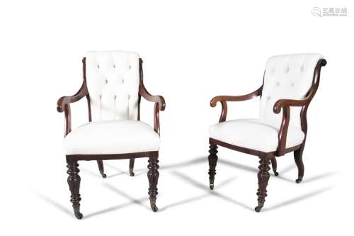 A PAIR OF WILLIAM IV MAHOGANY FRAMED ARMCHAIRS, th…