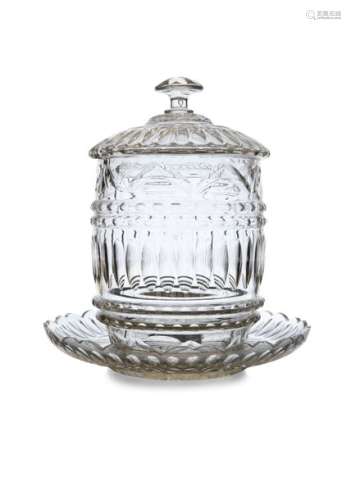 A LARGE DRUM SHAPED CUT GLASS ICE PAIL AND COVER, …