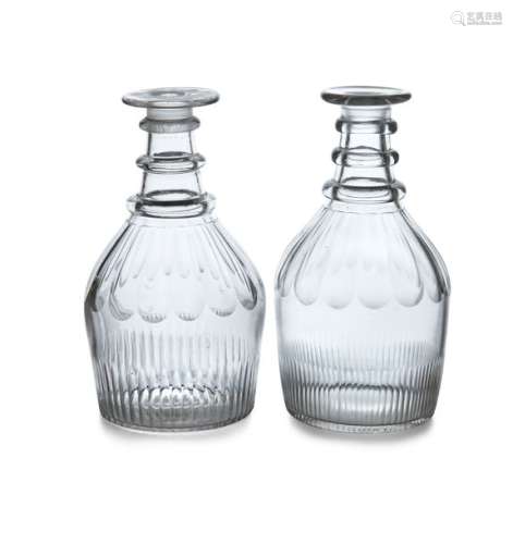 TWO SIMILAR IRISH MALLET SHAPED DECANTERS, early 1…