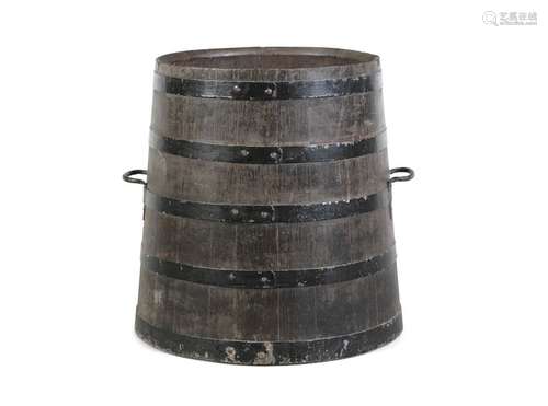 A LARGE 19TH CENTURY BRASS BOUND OAK FUEL BUCKET, …