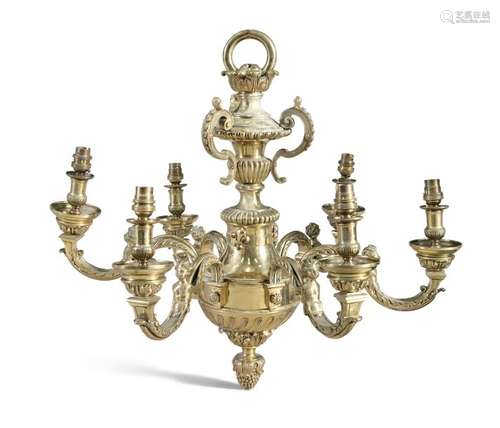 A CAST BRASS SIX BRANCH CEILING LIGHT, the acanthu…