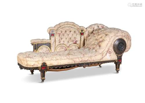 A LATE VICTORIAN EBONISED CHAISE LONGUE, with rais…