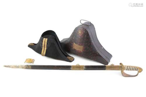 A VICTORIAN NAVAL OFFICERS SWORD, AND HAT (IN CASE…