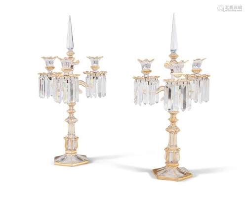 A PAIR OF BOHEMIAN CLEAR AND GILT GLASS LUSTRE CAN…